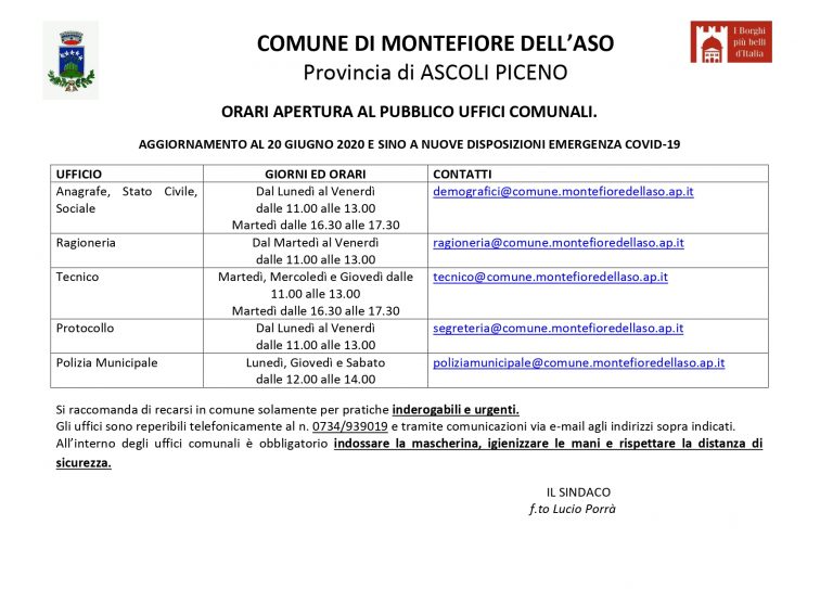 Apertura uffici dal 20 giugno 2020 sino a nuove disposizioni COVID-19